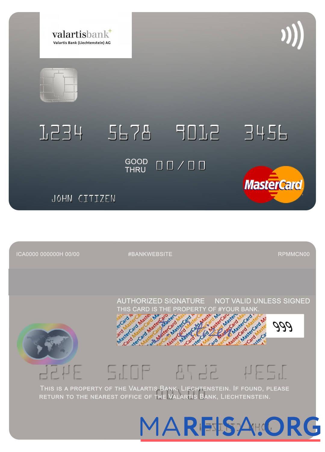 Realistic Liechtenstein Valartis Bank mastercard sample
